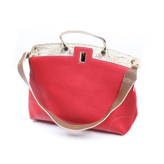 Furla Multicolor Pebbled and Croc Embossed Handbag Red